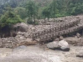 The damaged bridge at Pakyong district in Sikkim. Sourced by The Telegraph.